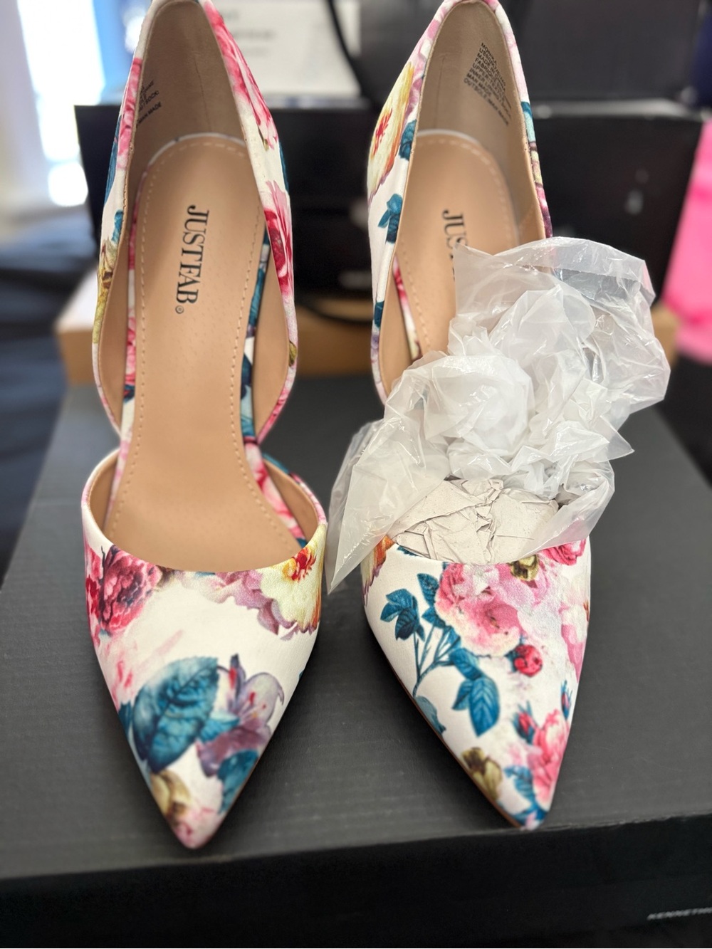 JustFab Floral Pointed D'Orsay Heels in White, Pink & Blue